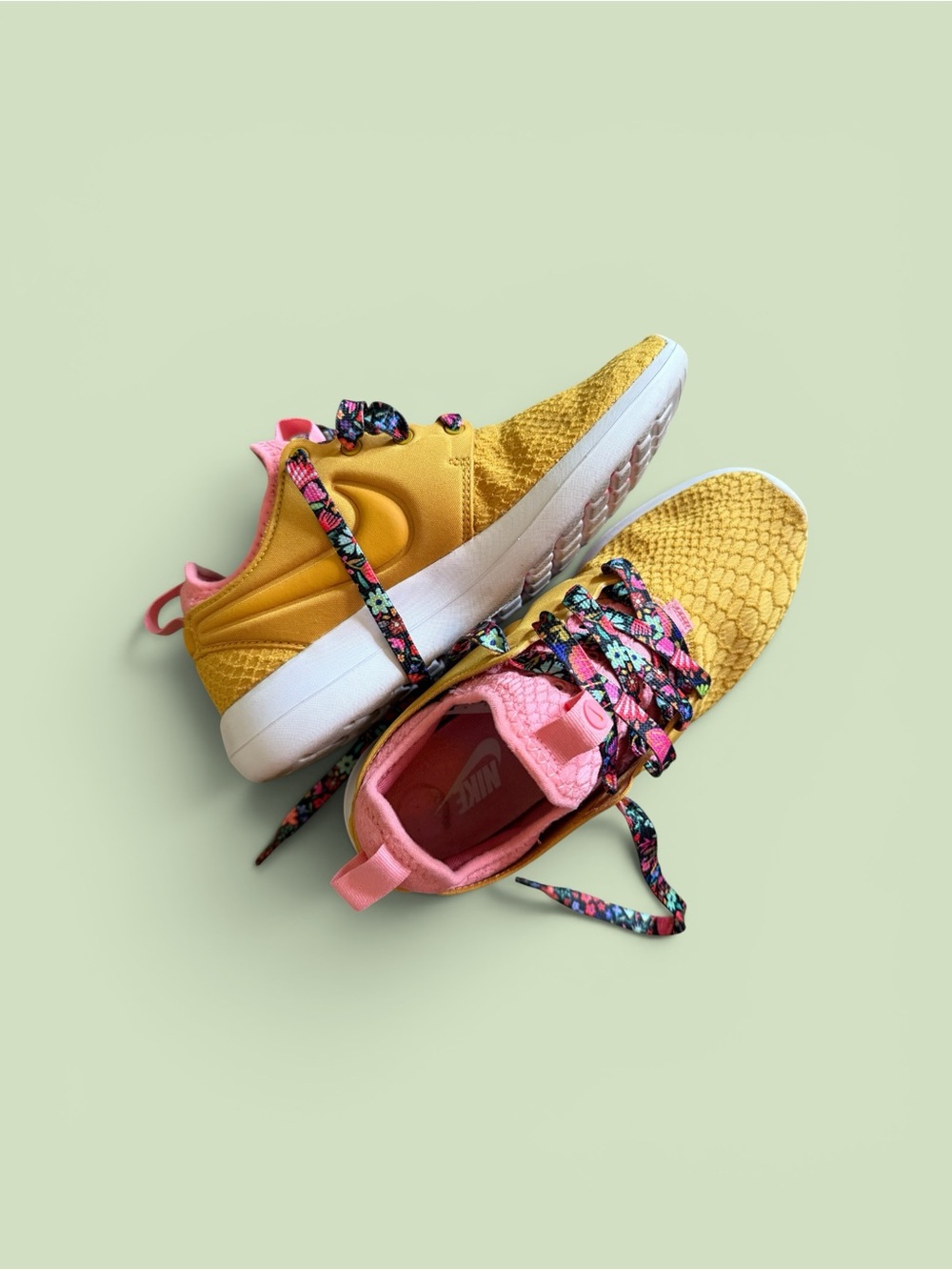 Nike Yellow Sneakers with Pink Collar and Floral Laces - Picture 6 of 11